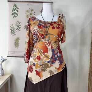 Vtg 90s Y2k Floral Asymmetric Top Hippie Boho Fairy Forest Coastal Cowgirl 2XL